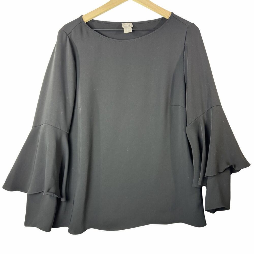 Chicos Black Tiered Sleeve Bateau Neck Casual Stain Top Women's 1/M